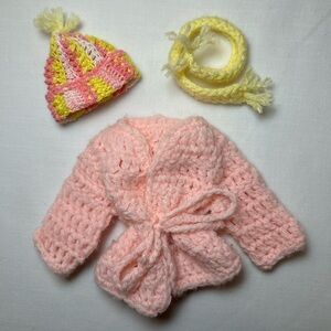Crochet Hat, Scarf, and Coat For Barbie and Similar Sized Doll Pink and yellow